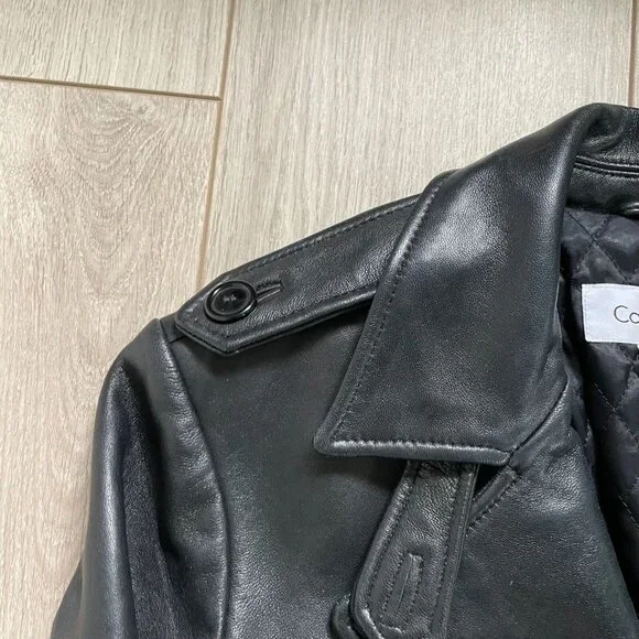 Calvin Klein Genuine Leather Trench Coat Women Small Black Classic Elegant Retro - Picture 5 of 15